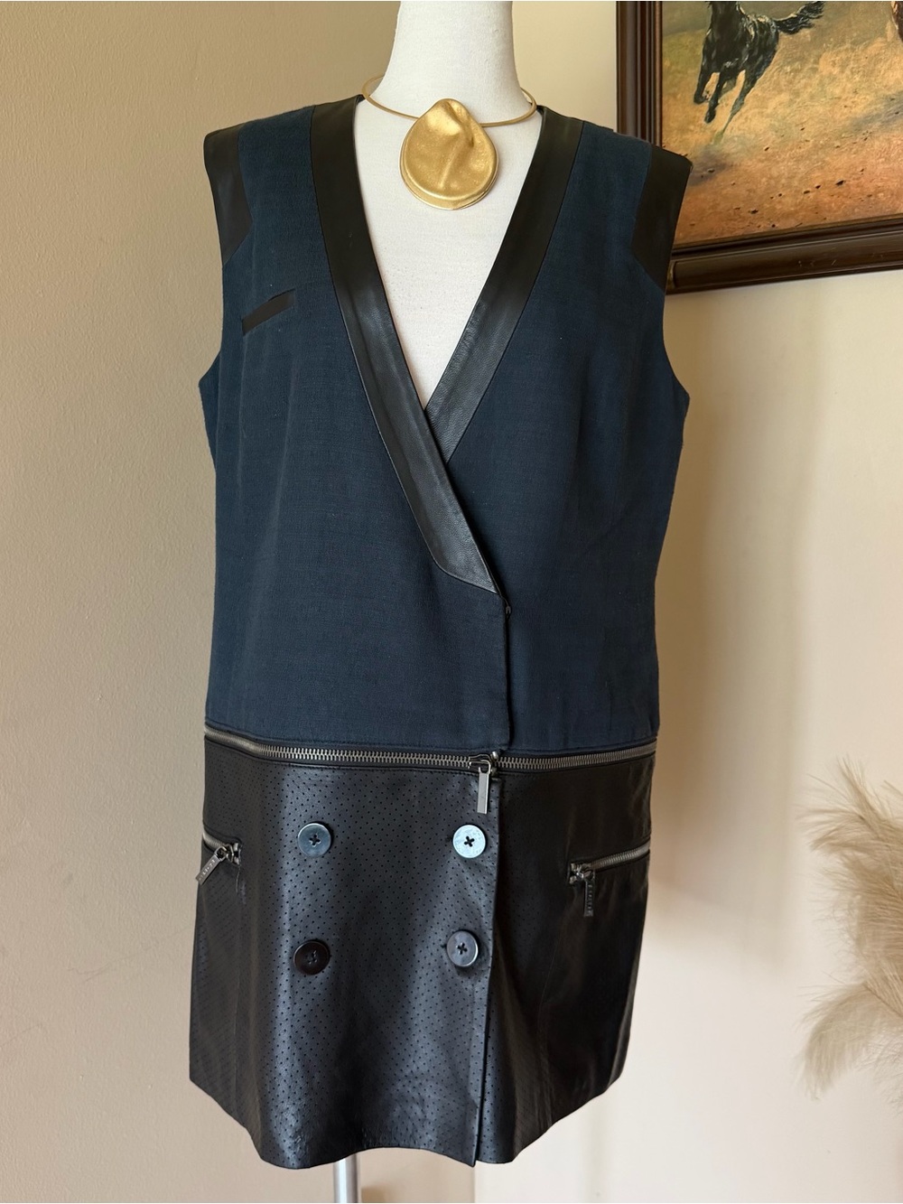 Ashley B Navy and Black Faux Leather Trim Top Vest